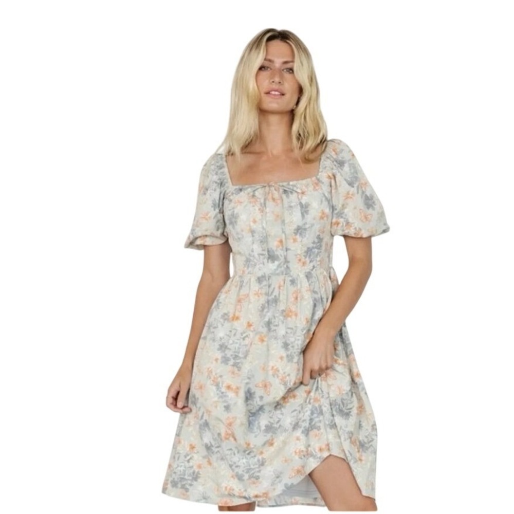 Baltic Born Sonnet Short Dress Dusty Blue Print Floral Butterfly Smocked M NEW